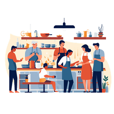 A crowd of people, cooking
